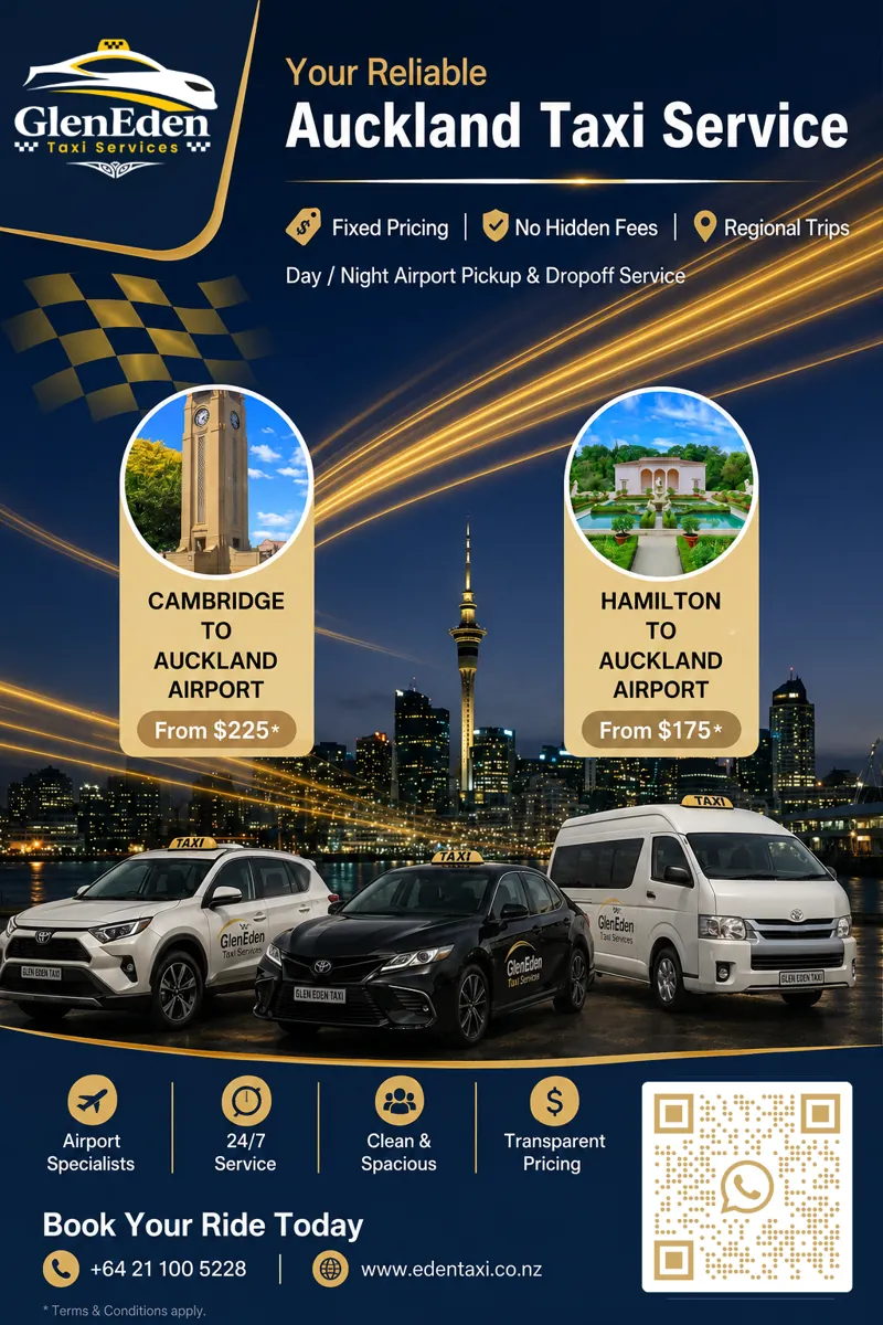 Glen Eden Taxi flyer for 24/7 Auckland Airport, Hamilton, and Cambridge transfers