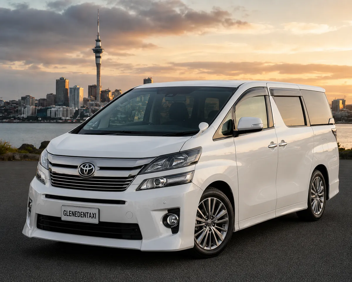 White Toyota Vellfire maxi six-seater in the Glen Eden Taxi Auckland fleet